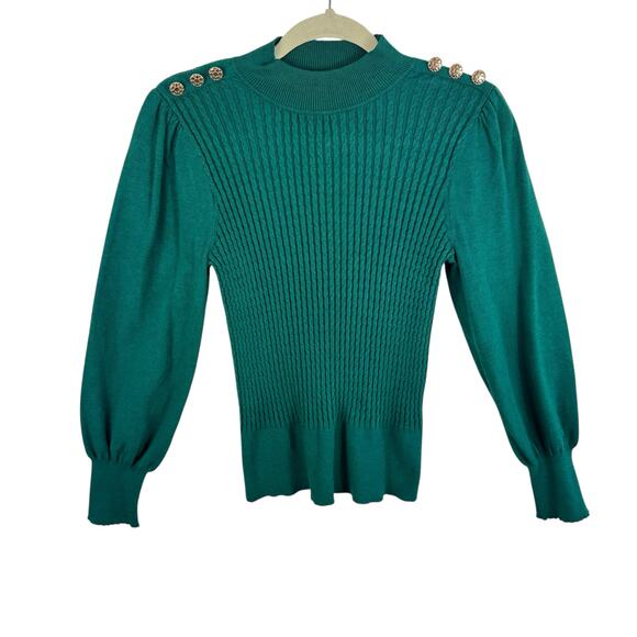 Adrianna Papell Green Cable Knit Lightweight Crew Neck Sweater Button Detail M - Picture 1 of 7